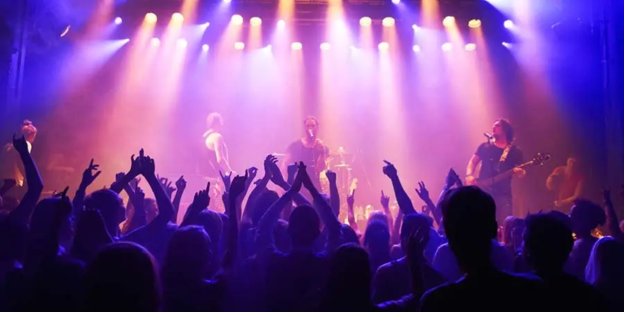 A picture of a crowd in a concert waving their hands and having fun
